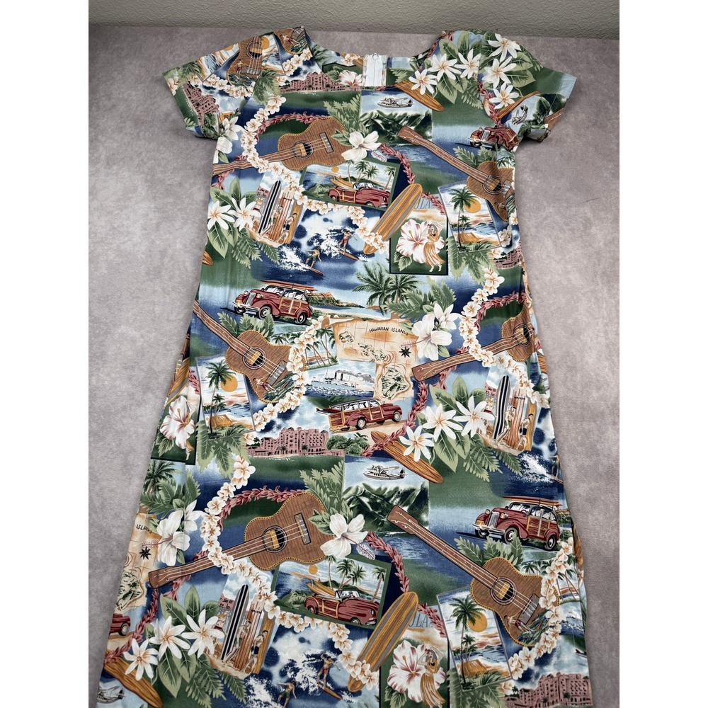 Hawaiian Reserve Collection Cotton Maxi Dress Sz L Postcard Print Woodie Car USA